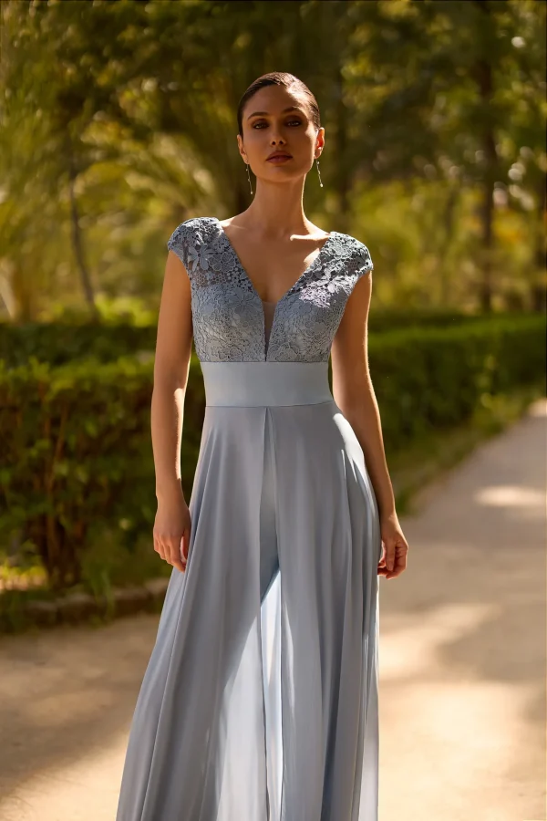Combinaison habillée en mousseline bleu gris et dentelle, détail du buste - CO8019 Ellebeline