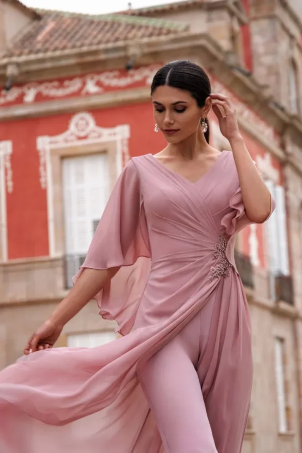 Combinaison habillée en mousseline rose poudré à strass, détail du buste - CO8017 Ellebeline