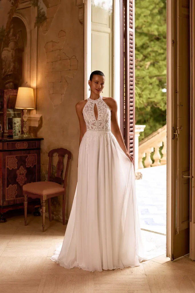 Robe de mariée droite en mousseline à col américain et corsage en dentelle, EB0277 Ellebeline