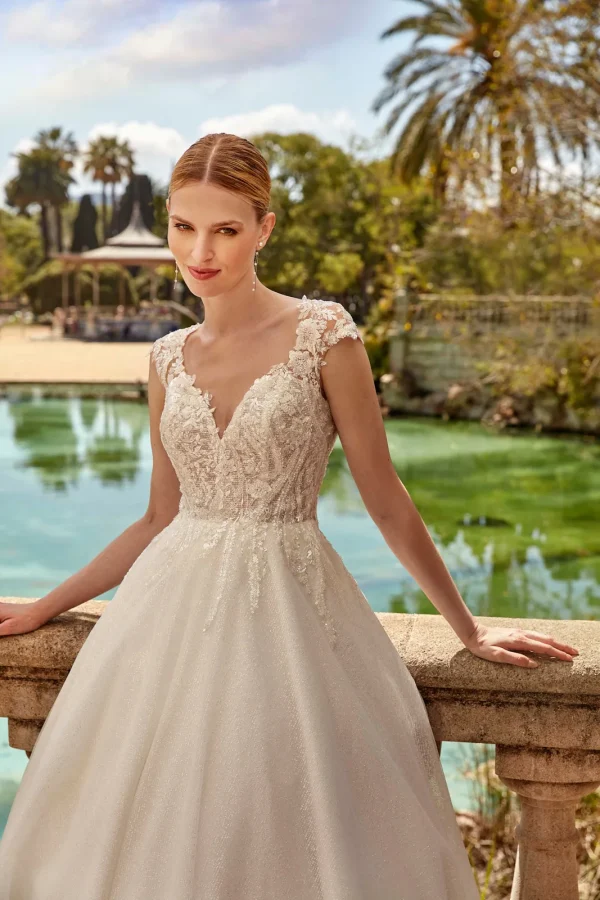 Corsage en dentelle à col en V et mancherons d'une robe de mariée princesse en tulle