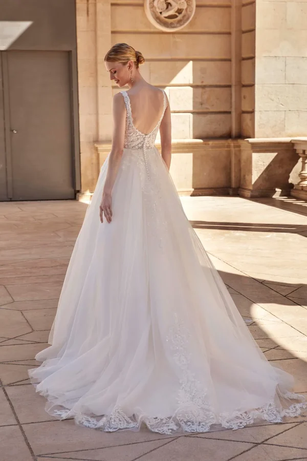 Dos nu en V et traîne bordée de dentelle d'une robe de mariée princesse en tulle