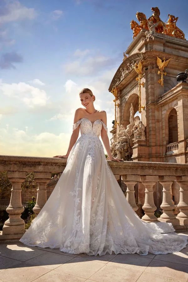 Robe de mariée princesse en tulle nude à épaules dénudées et dentelle, EB0183 Ellebeline