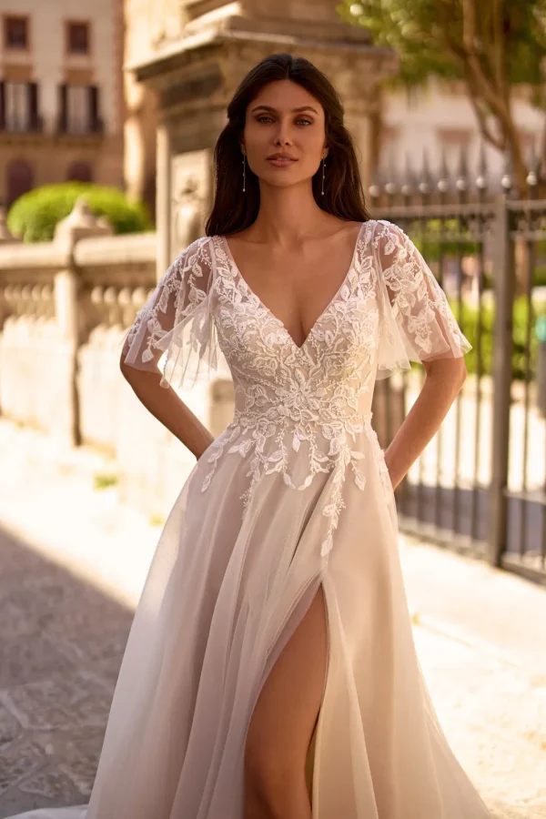 Corsage en dentelle à col en V et manches papillon d'une robe de mariée princesse en tulle