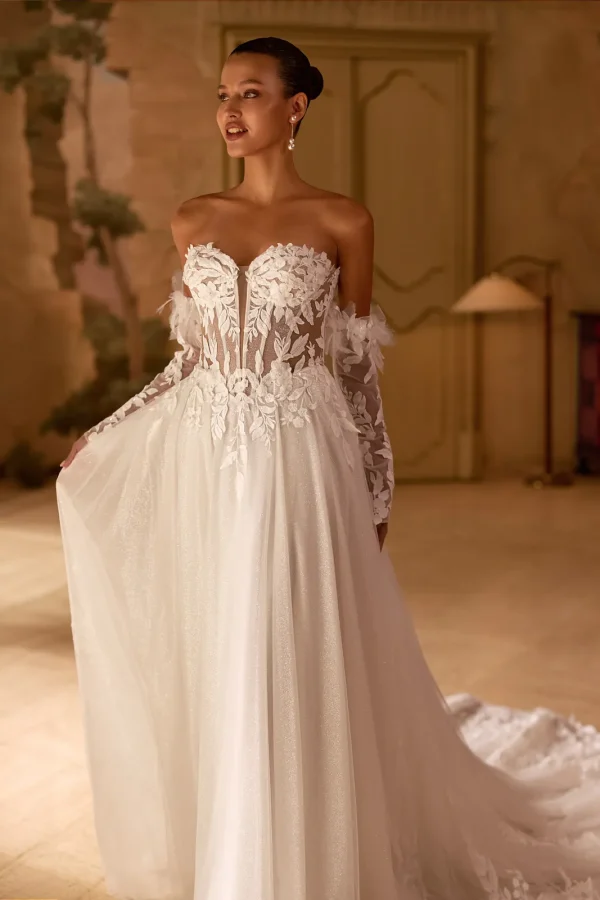 Corset transparent en dentelle et manches longues à plumes d'une robe de mariée princesse