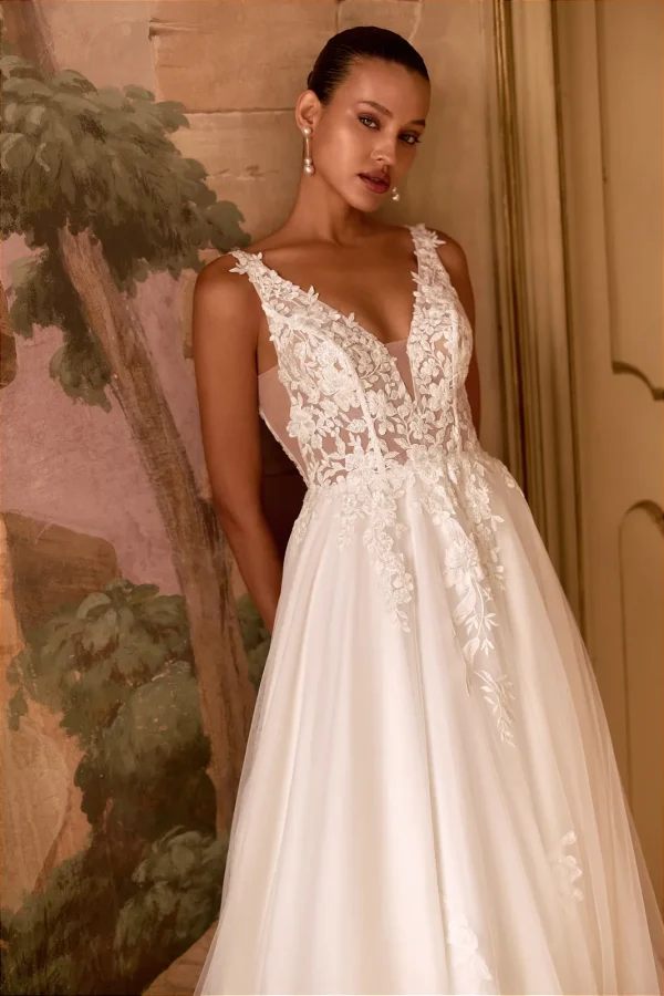 Décolleté en V plongeant et corsage transparent en dentelle d'une robe de mariée princesse
