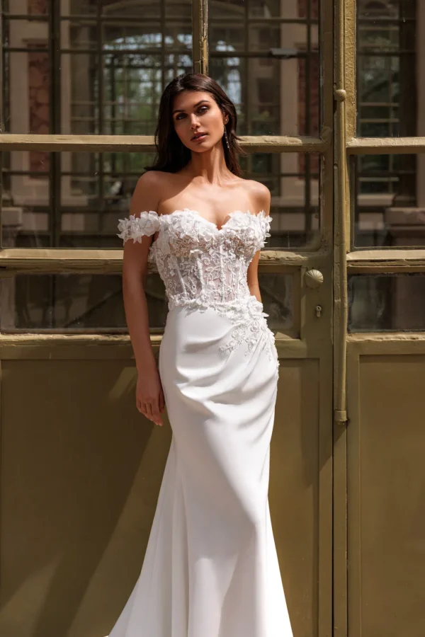 Bustier cœur corseté à fleurs 3D d'une robe de mariée sirène en crêpe