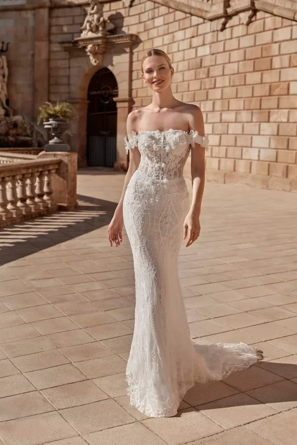Robe de mariée sirène en dentelle à col Bardot orné de fleurs 3D