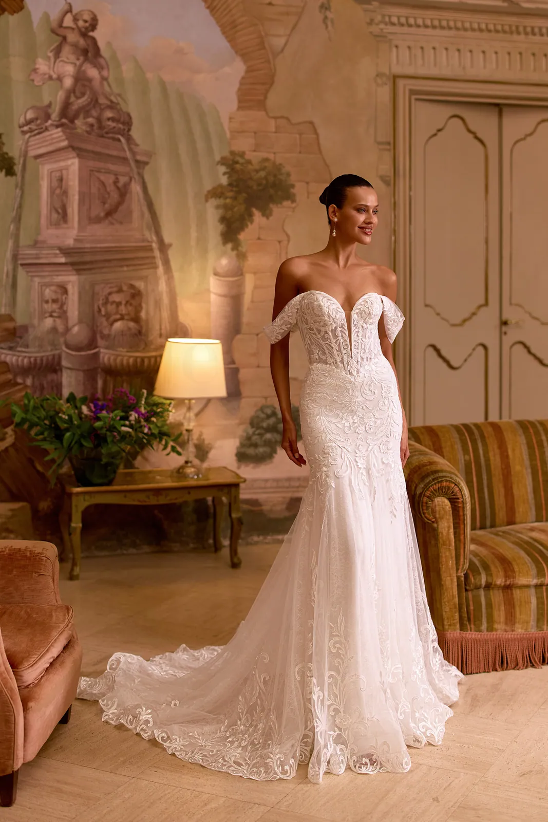 Robe de mariée sirène en tulle et dentelle à épaules dénudées, EB0296 Ellebeline