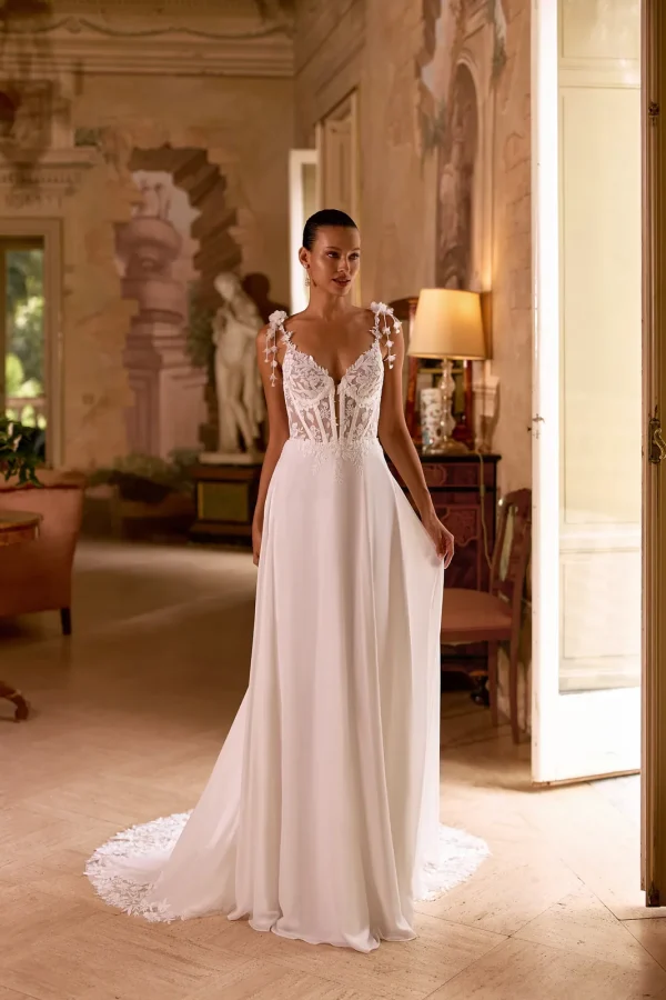 Robe de mariée trapèze en mousseline à bretelles fleuries et corset transparent, EB0359 Ellebeline