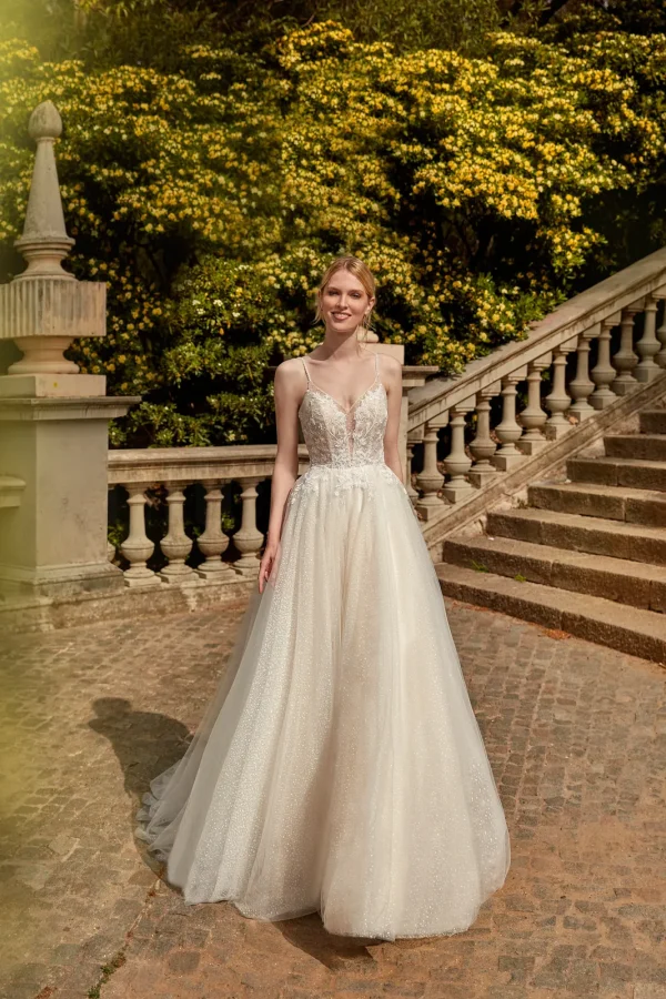 Robe de mariée trapèze en tulle pailleté à fines bretelles, EB0163 Ellebeline