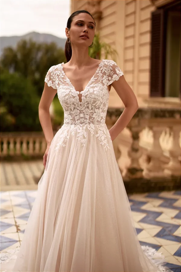 Corsage en dentelle à col en V et tulle pailleté d'une robe de mariée trapèze nude