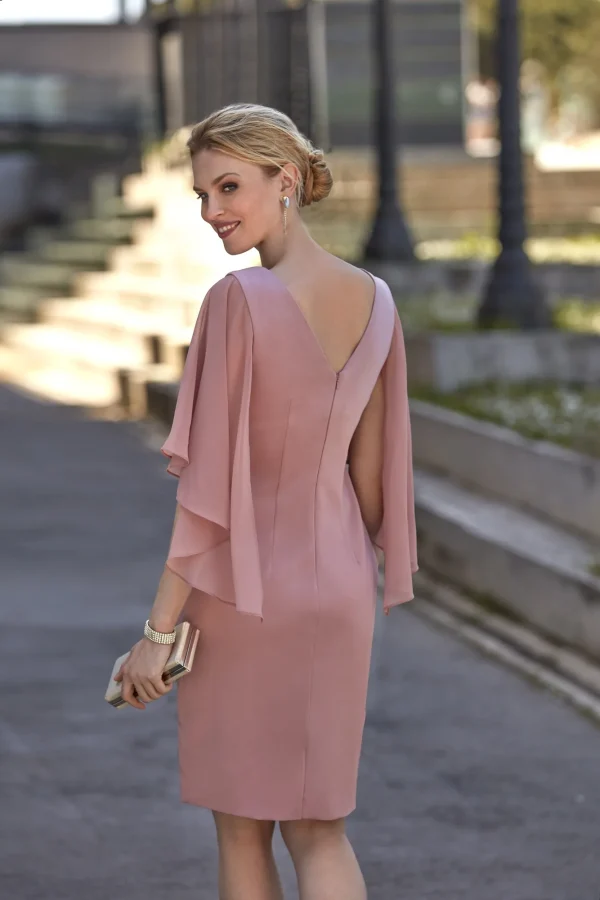 Robe de soirée courte en crêpe rose poudré à strass, vue de dos - RC8332 Ellebeline