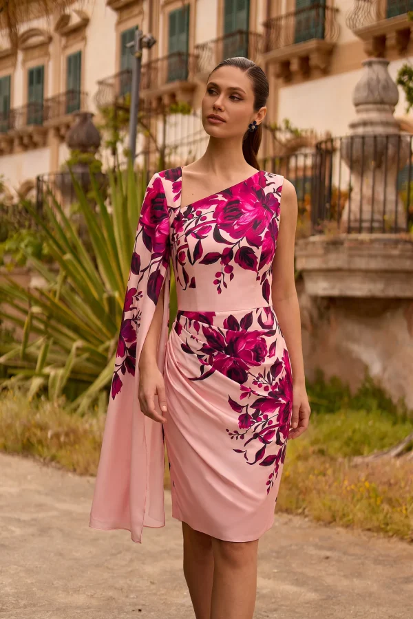 Robe de soirée courte imprimée rose nude à encolure asymétrique, vue de face - RC8362 Ellebeline