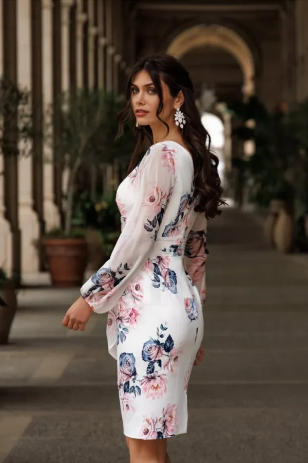 Robe de soirée courte imprimée ivoire à manches longues, vue de dos - RC8349 Ellebeline