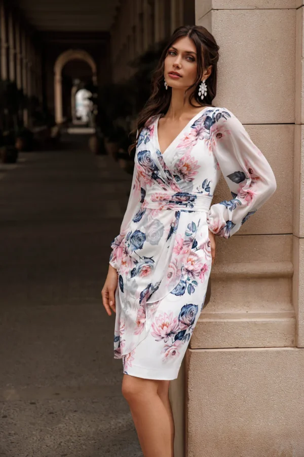 Robe de soirée courte imprimée ivoire à manches longues, vue de face - RC8349 Ellebeline