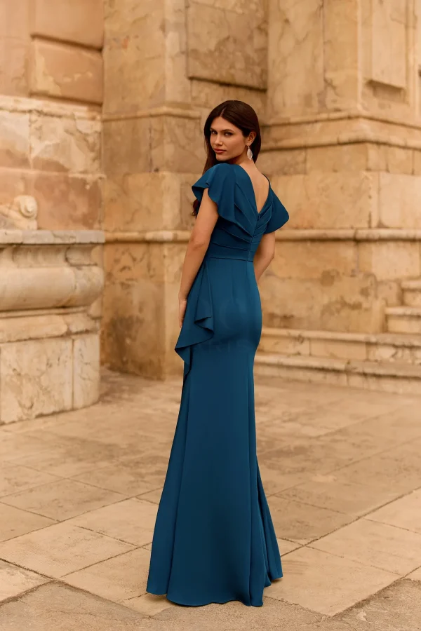 Robe de soirée longue en crêpe bleu pétrole à coupe sirène, vue de dos - RL8452 Ellebeline
