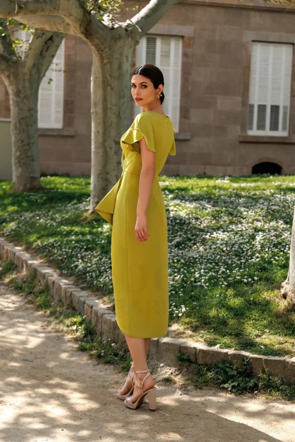 Robe de soirée longue en crêpe vert anis à strass, vue de dos - RL8402 Ellebeline