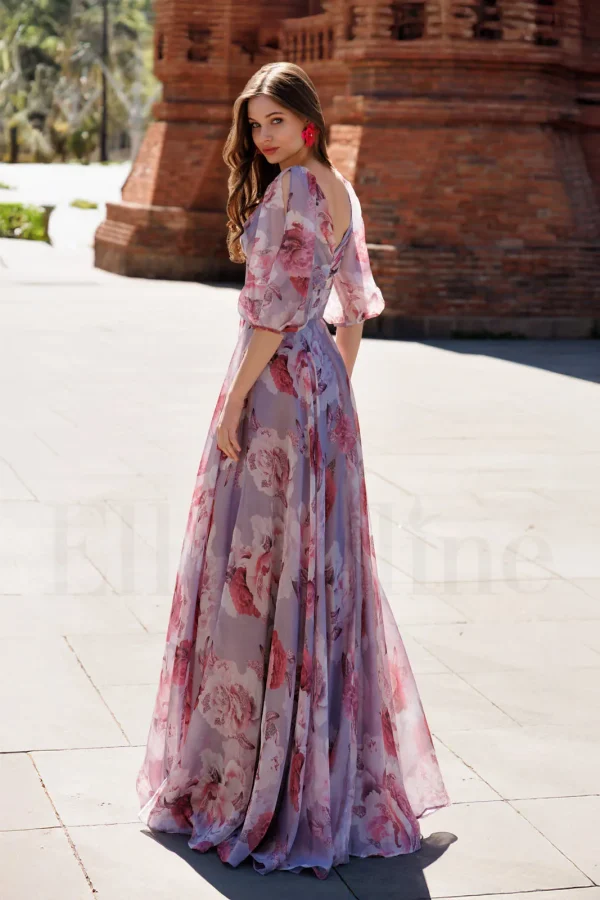 Robe de soirée longue imprimée parme à col en V, vue de dos - RL8390 Ellebeline