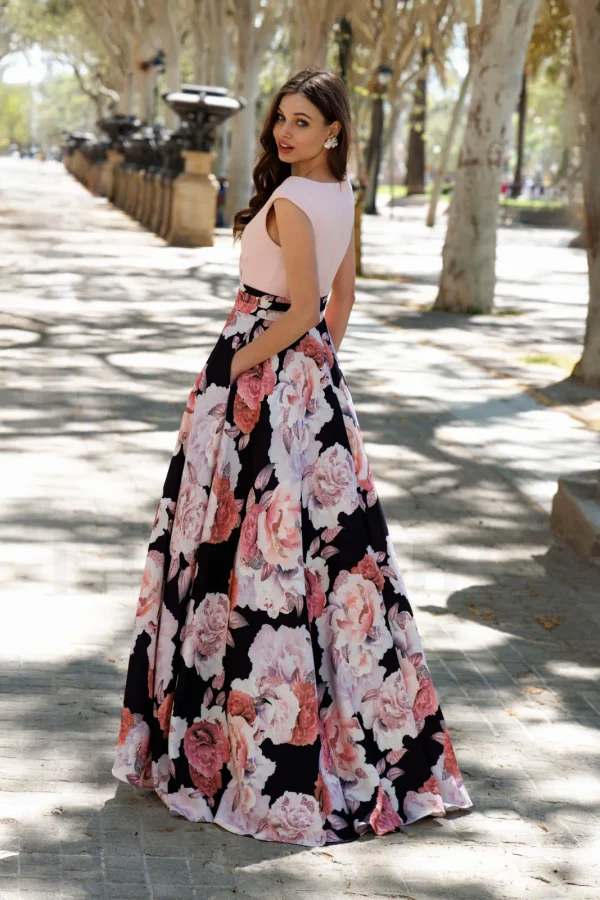 Robe de soirée longue imprimée rose et noir à col en V, vue de dos - RL8391 Ellebeline