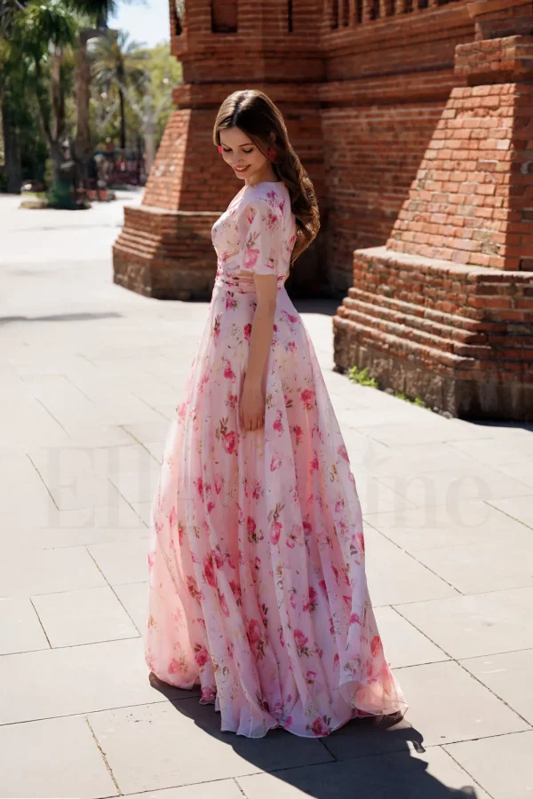 Robe de soirée longue imprimée rose à col en V, vue de dos - RL8419 Ellebeline