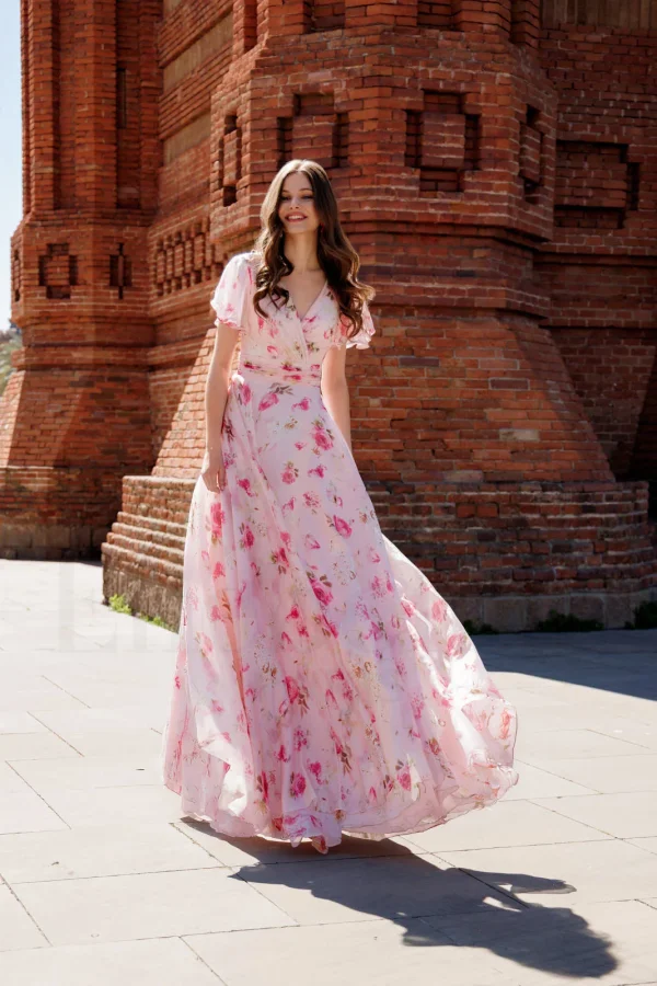 Robe de soirée longue imprimée rose à col en V, vue de face - RL8419 Ellebeline