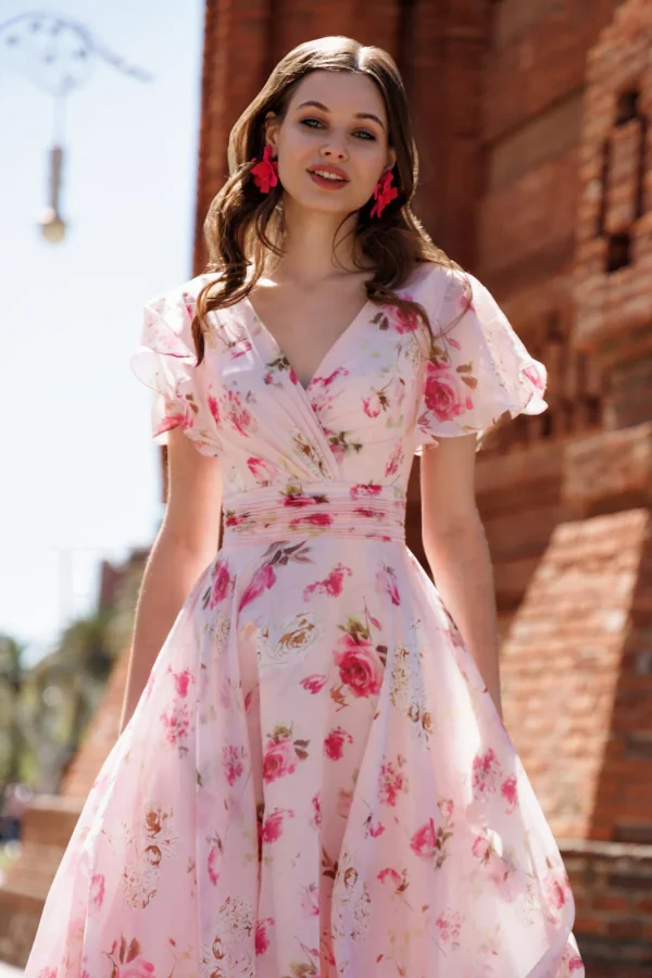 Robe de soirée longue imprimée rose à col en V, détail du buste - RL8419 Ellebeline