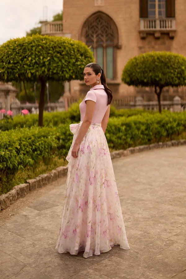 Robe de soirée longue imprimée parme à col en V, vue de dos - RL8459 Ellebeline