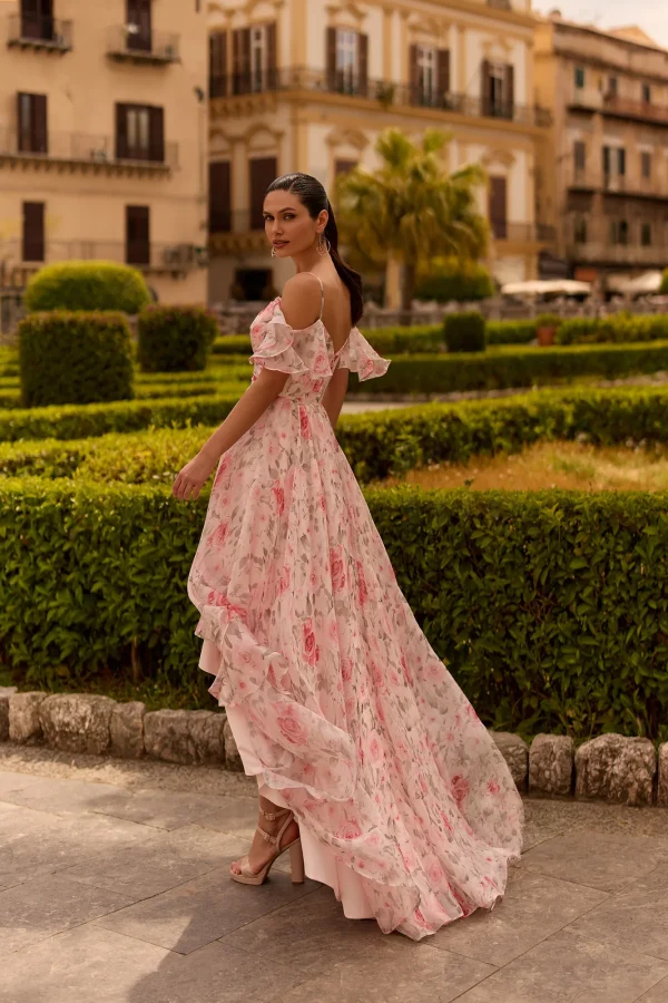 Robe de soirée longue imprimée rose à dos nu, vue de dos - RL8456 Ellebeline