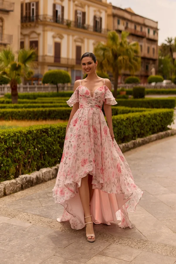 Robe de soirée longue imprimée rose à dos nu, vue de face - RL8456 Ellebeline
