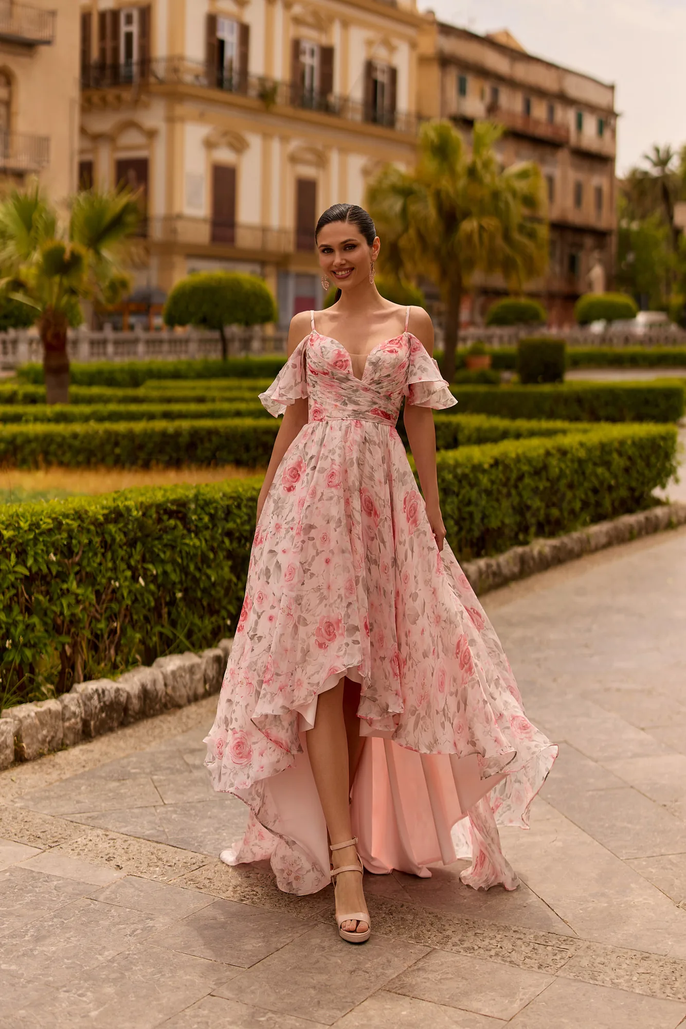 Robe de soirée longue imprimée rose à dos nu, vue de face - RL8456 Ellebeline