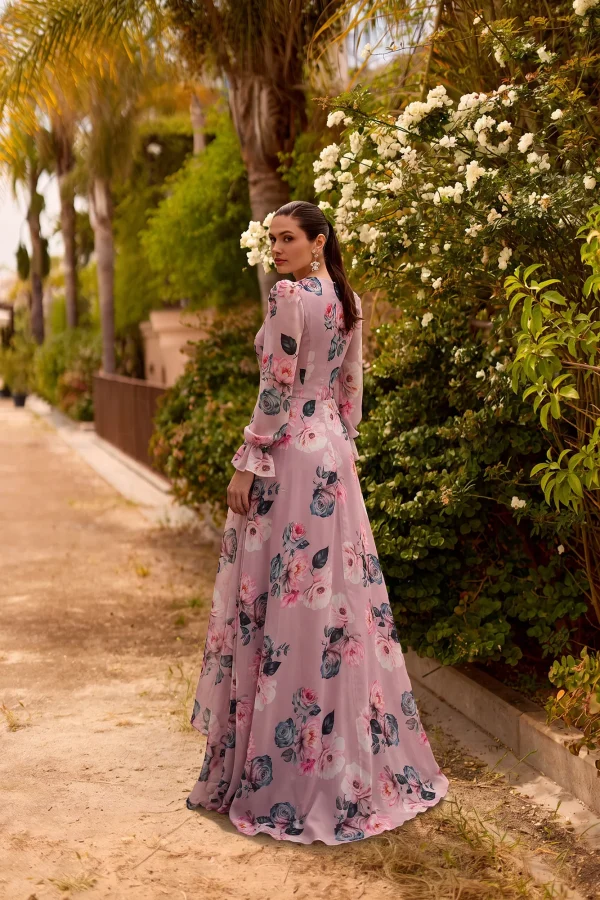 Robe de soirée longue imprimée parme à manches longues, vue de dos - RL8431 Ellebeline