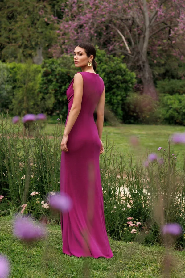 Robe de soirée longue en lurex fuchsia à coupe sirène, vue de dos - RL8400 Ellebeline