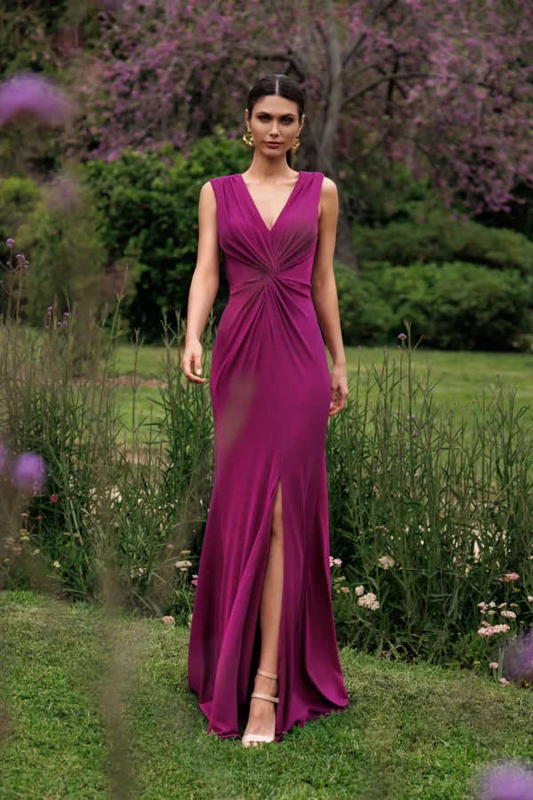 Robe de soirée longue en lurex fuchsia à coupe sirène, vue de face - RL8400 Ellebeline