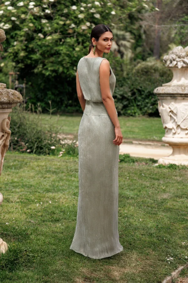 Robe de soirée longue en lurex vert sauge à paillettes, vue de dos - RL8413 Ellebeline
