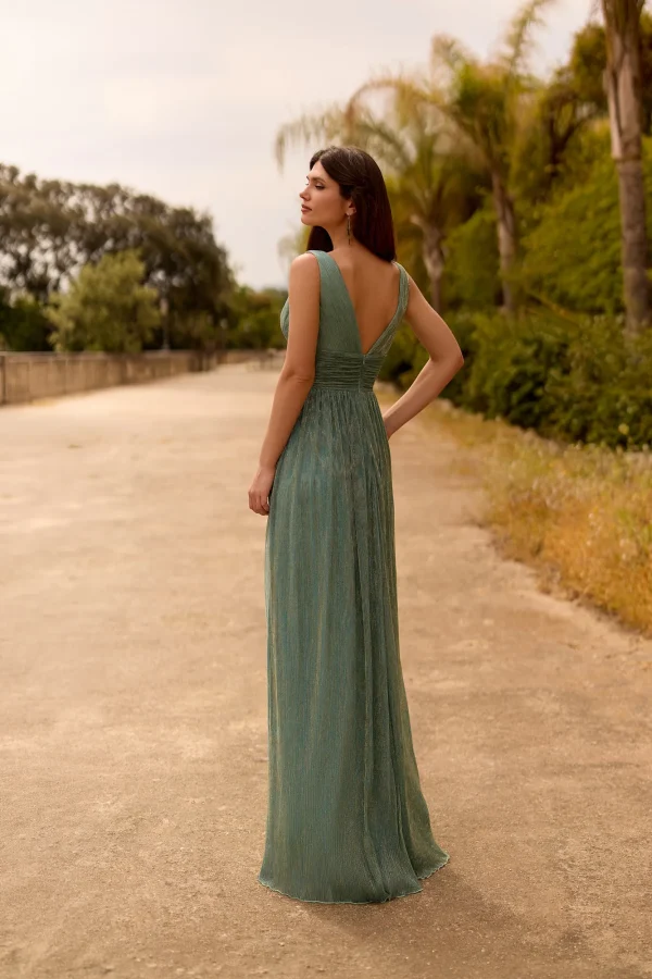 Robe de soirée longue en lurex turquoise à paillettes, vue de dos - RL8437 Ellebeline