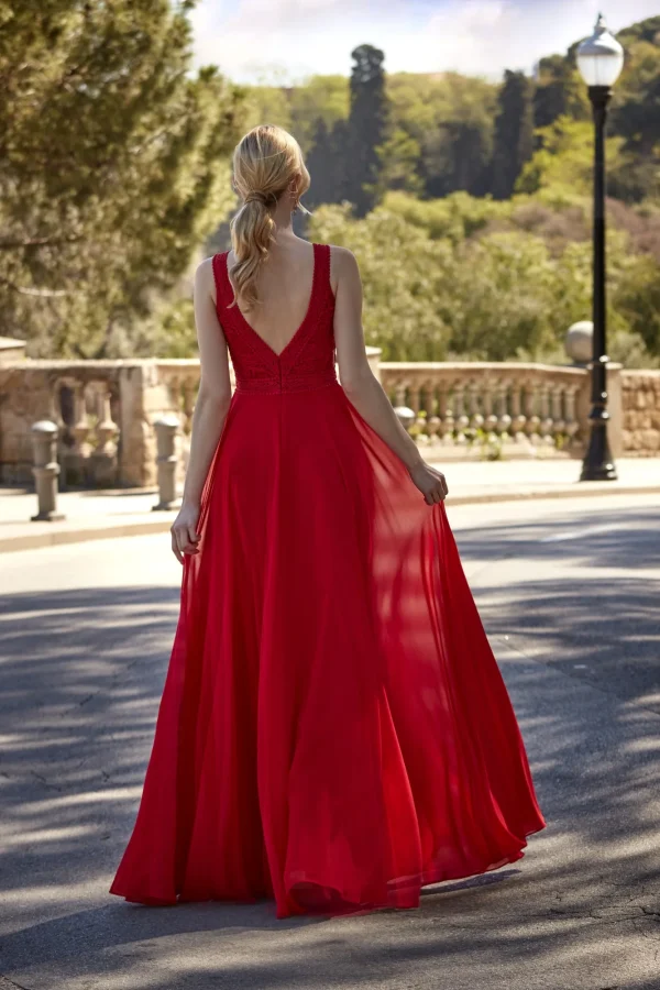 Robe de soirée longue en mousseline rouge et dentelle, vue de dos - RL8386 Ellebeline