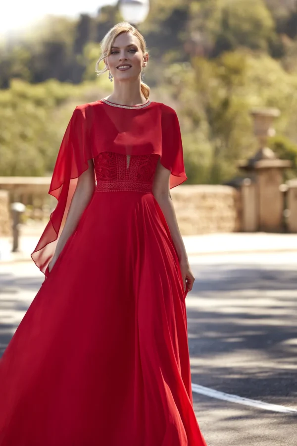 Robe de soirée longue en mousseline rouge et dentelle, détail du buste, avec son châle assorti - RL8386 Ellebeline