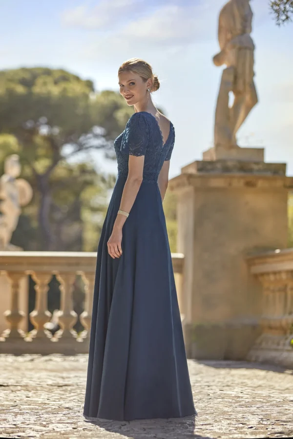 Robe de soirée longue en mousseline bleu orage et dentelle, vue de dos - RL8389 Ellebeline