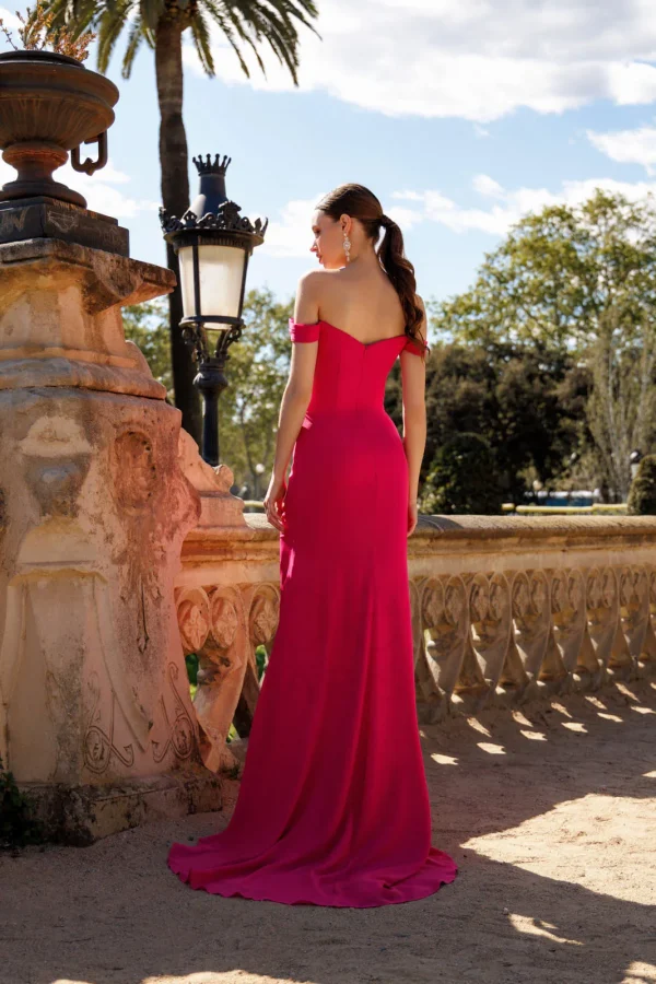 Robe de soirée longue en mousseline fuchsia à dos nu, vue de dos - RL8417 Ellebeline