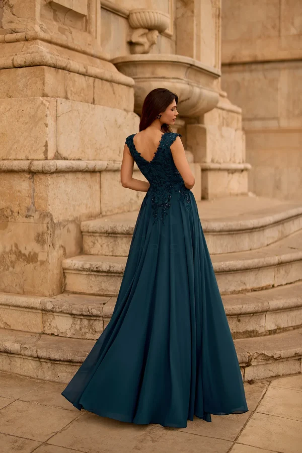 Robe de soirée longue en mousseline bleu orage à paillettes, vue de dos - RL8461 Ellebeline