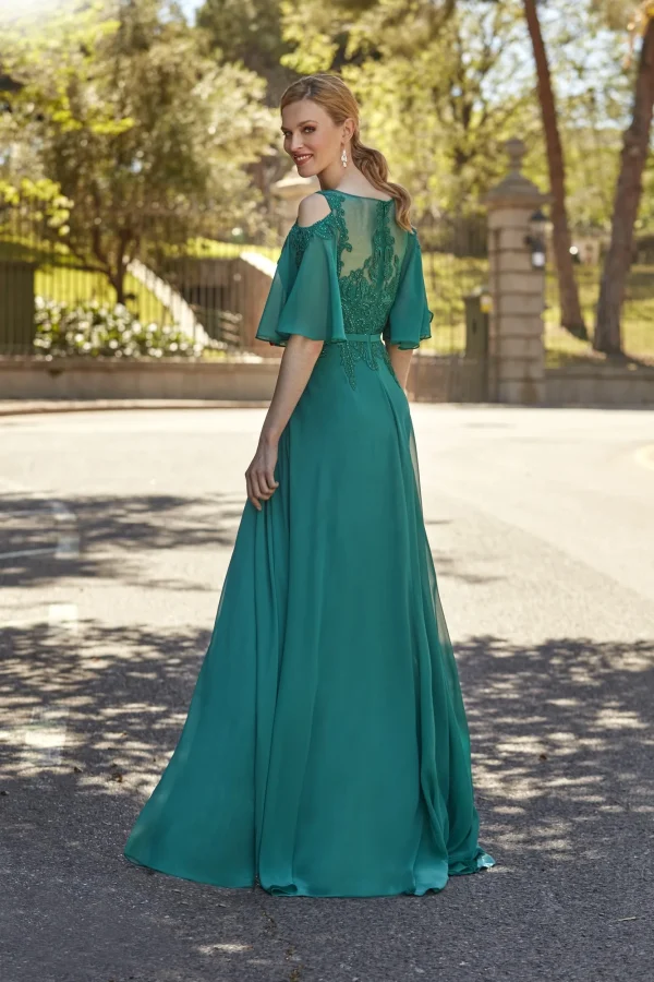 Robe de soirée longue en mousseline vert émeraude à strass, vue de dos - RL8376 Ellebeline