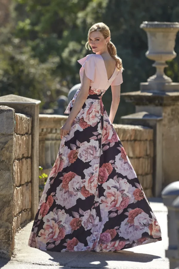Robe de soirée longue en organza rose et noir à col en V, vue de dos - RL8382 Ellebeline