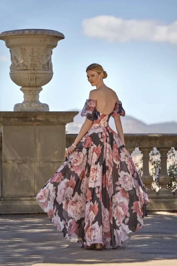 Robe de soirée longue en organza rose et noir à dos nu, vue de dos - RL8359 Ellebeline