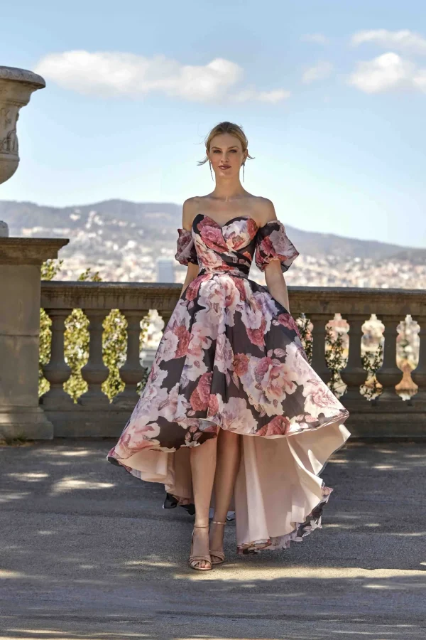 Robe de soirée longue en organza rose et noir à dos nu, vue de face - RL8359 Ellebeline
