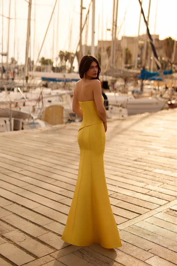 Robe de soirée longue en satin doré à bustier, vue de dos - RL8449 Ellebeline