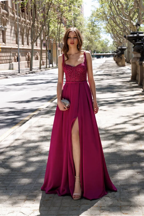 Robe de soirée longue en satin fuchsia à paillettes, vue de face - RL8362 Ellebeline
