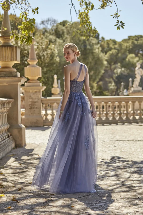 Robe de soirée longue en tulle bleu gris à bustier, vue de dos - RL8379 Ellebeline
