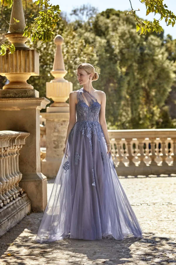 Robe de soirée longue en tulle bleu gris à bustier, vue de face - RL8379 Ellebeline