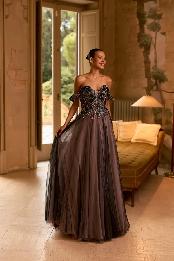 Robe de soirée longue en tulle noir et rose à bustier, vue de face - RL8441 Ellebeline